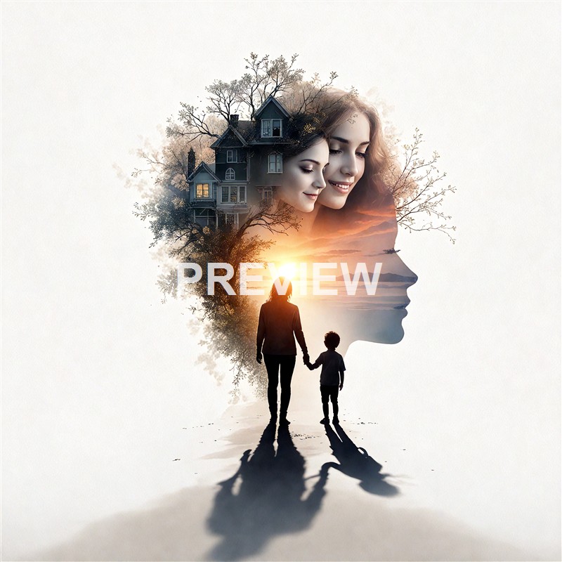 A double exposure image combining the profiles of a smiling woman and a child, with a sunset, a house, and trees blending into the silhouette, and a woman and a child holding hands walking toward the sunset.